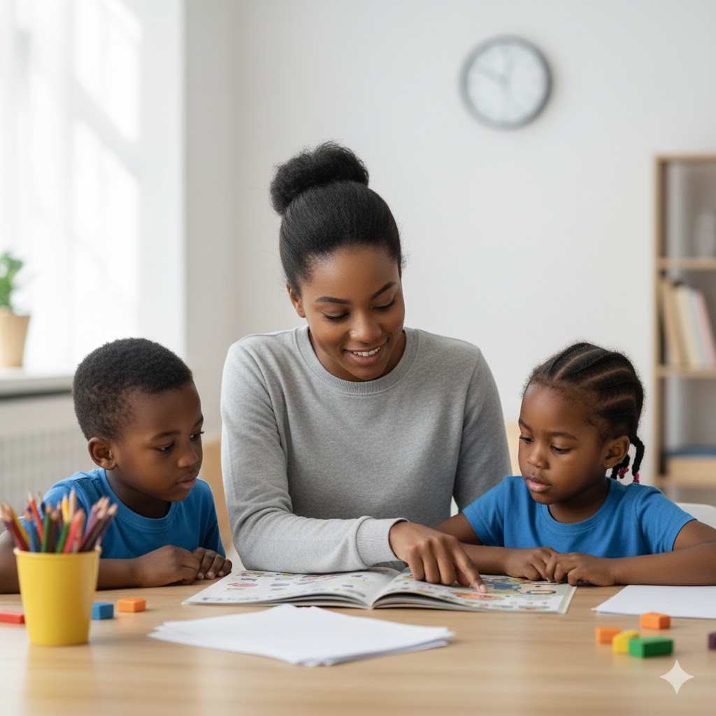 Professional female Nigerian tutor in Abuja assisting two smiling primary school children with their homework at a bright study table.